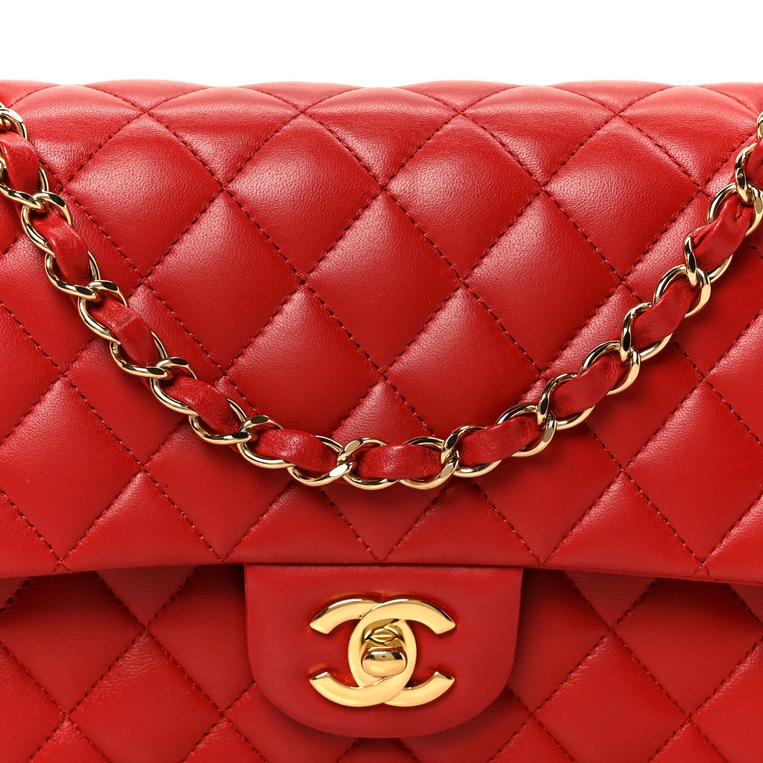 Lambskin Quilted Medium Double Flap Red