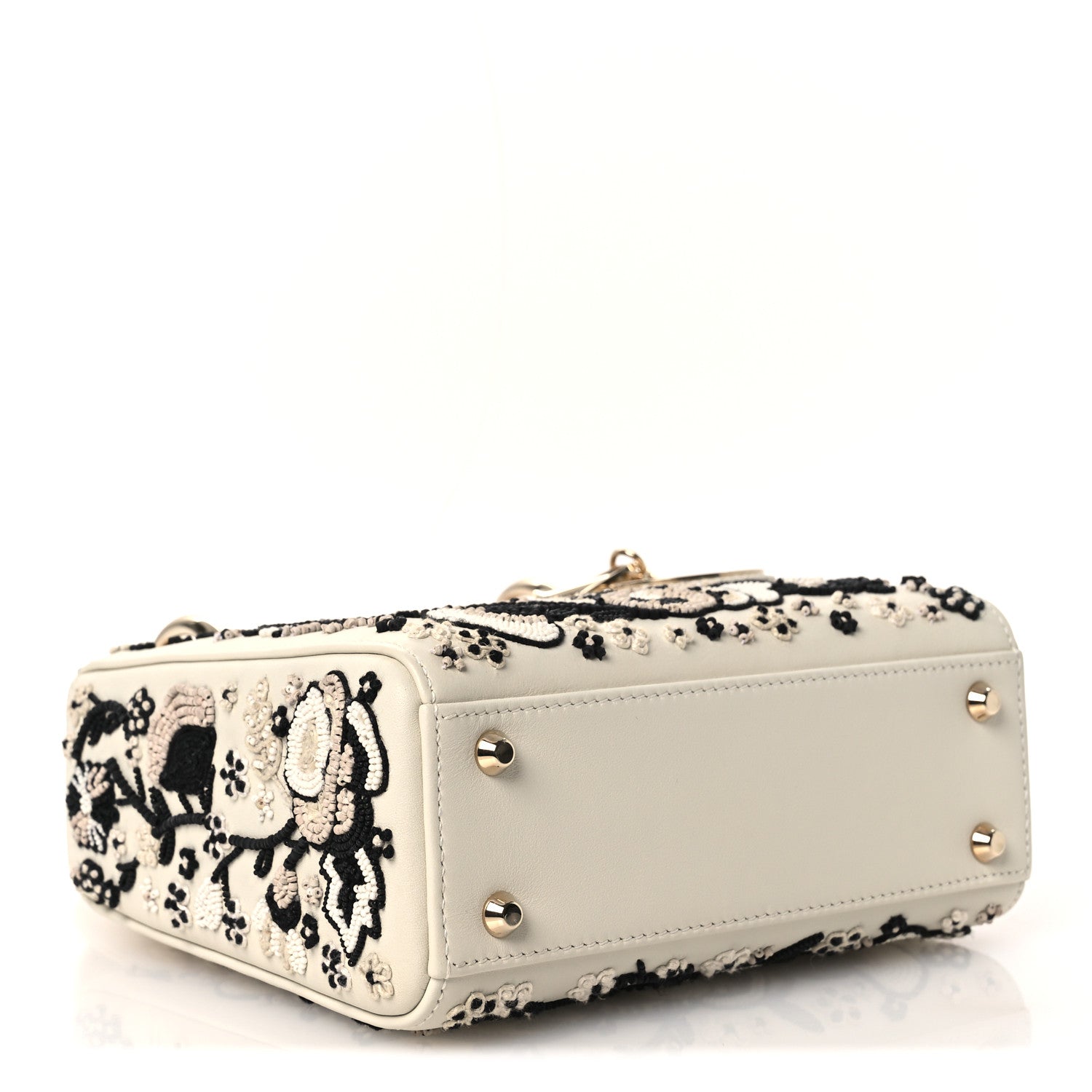 Smooth Calfskin Embroidered Beaded Floral Mini Lady D1OR White Multicolor