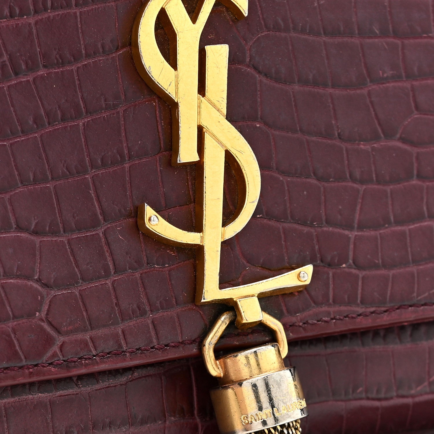 Calfskin Crocodile Embossed Medium Classic Monogram Kate Tassel Satchel Dark Red