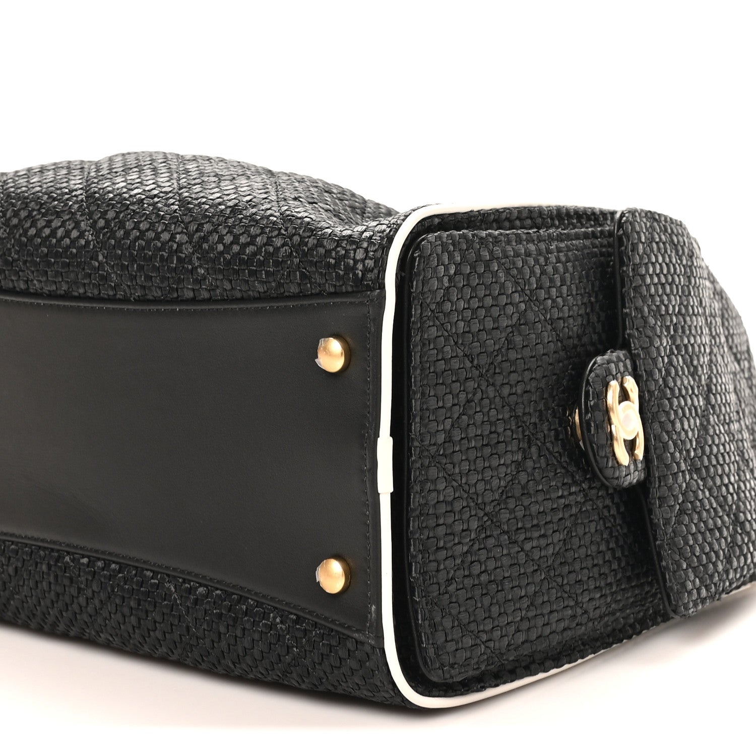 Braided Raffia Calfskin Quilted Small CHNL 25 Handbag Black White