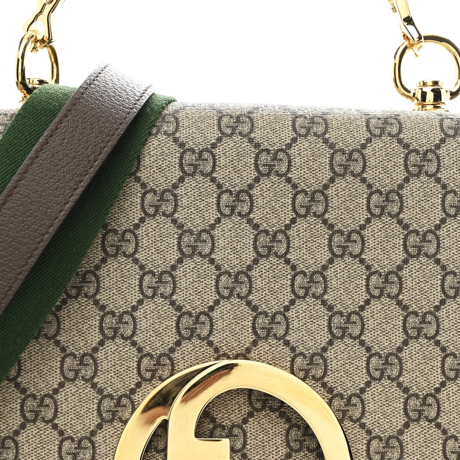 GG Supreme Monogram Textured Dollar Calfskin Web Medium Blondie Top Handle Shoulder Flap Bag Beige Ebony New Acero