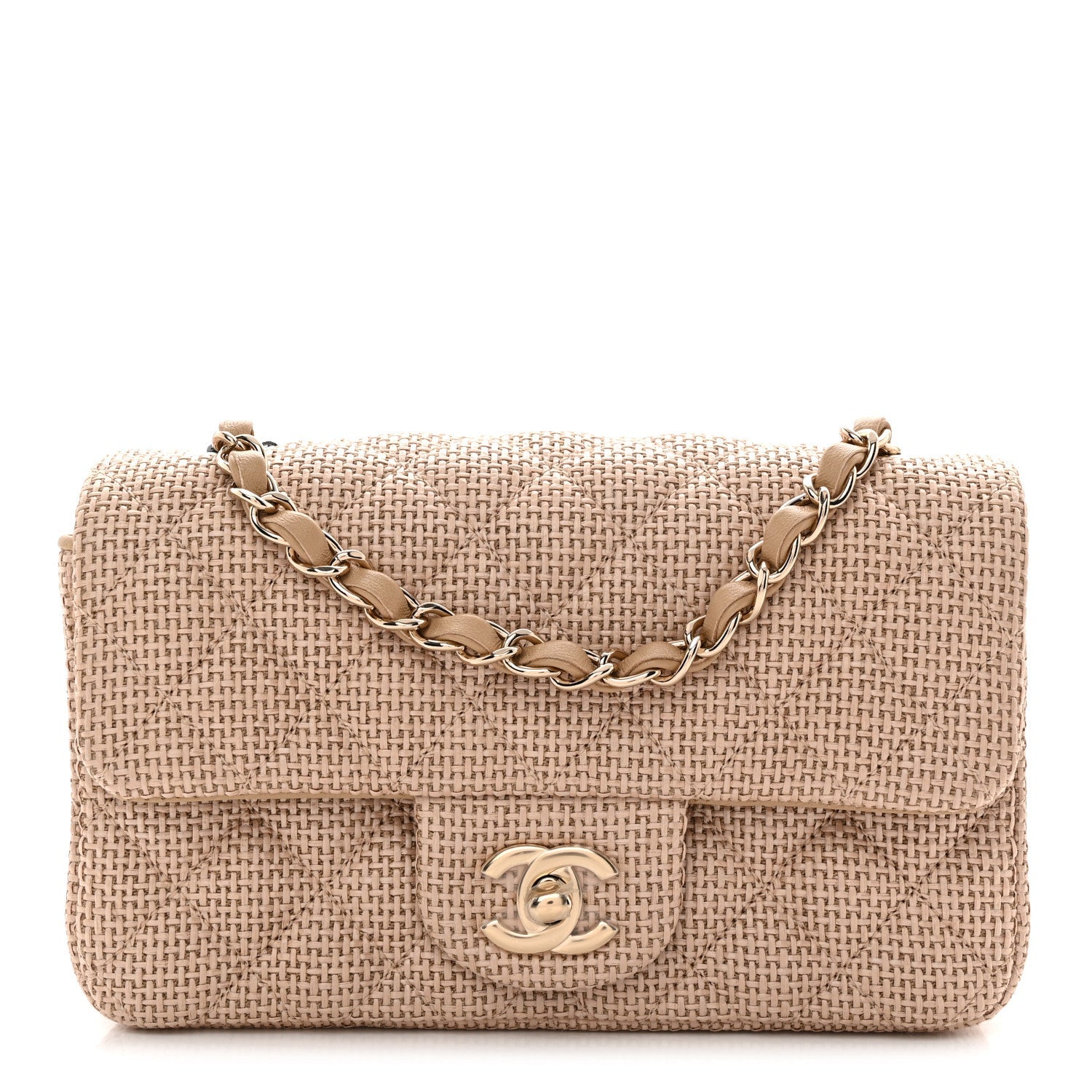 Braided Raffia Quilted Mini Rectangular Flap Dark Beige