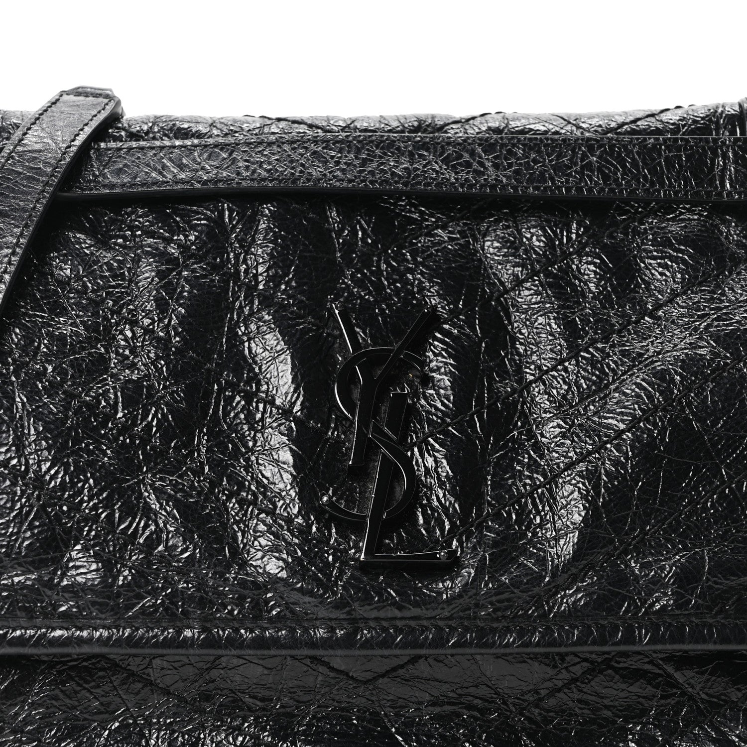 Crinkled Calfskin Matelasse Monogram Medium Niki Chain Satchel Black
