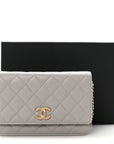 Caviar Quilted Studded CC Wallet On Chain WOC Grey