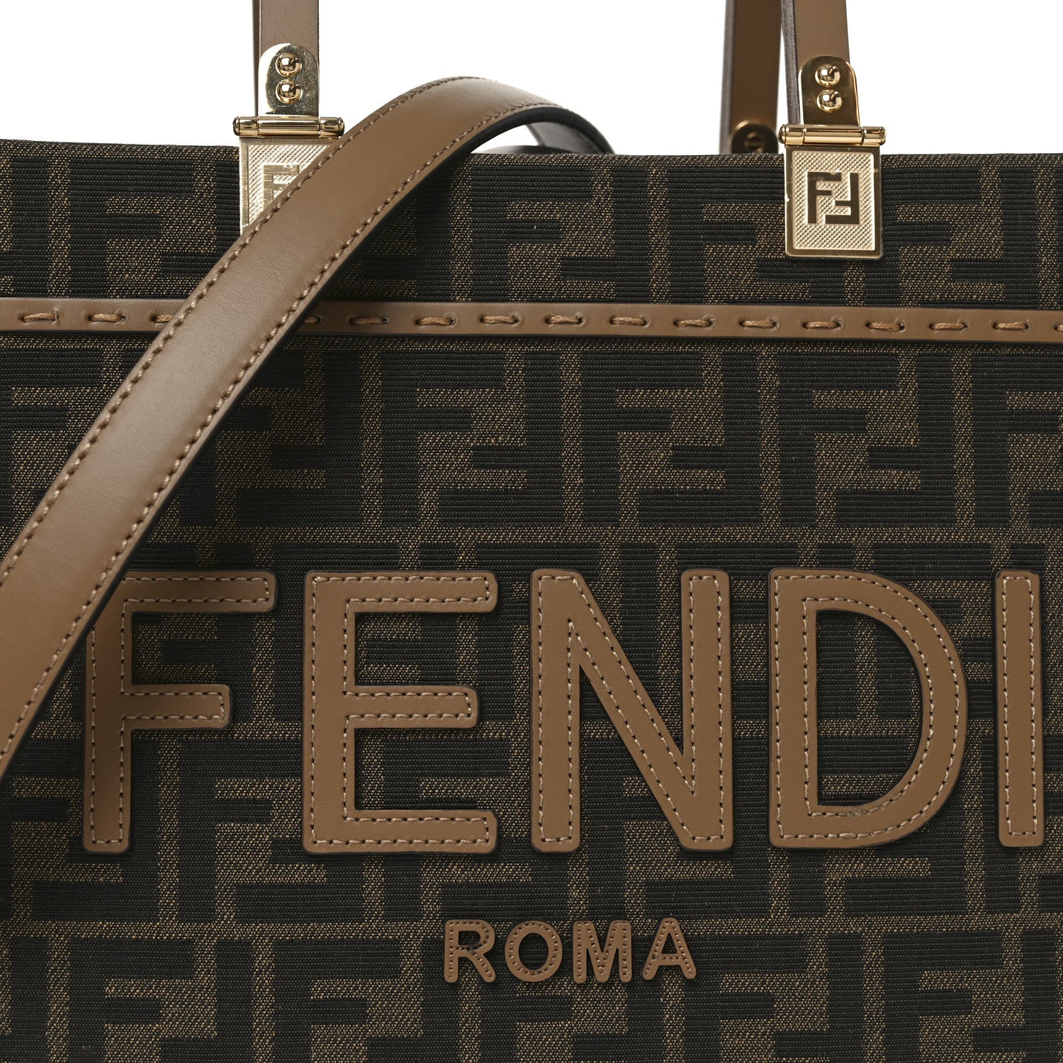 Fabric Jacquard FF 1974 Logo Small FNDI Sunshine Shopper Tote Tobacco Moro Sand