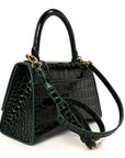 Shiny Calfskin Crocodile Embossed Small Hourglass Top Handle Bag Forest Green