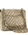 Patent Metallic Crumpled Calfskin Chevron Quilted Mini Square Flap Gold