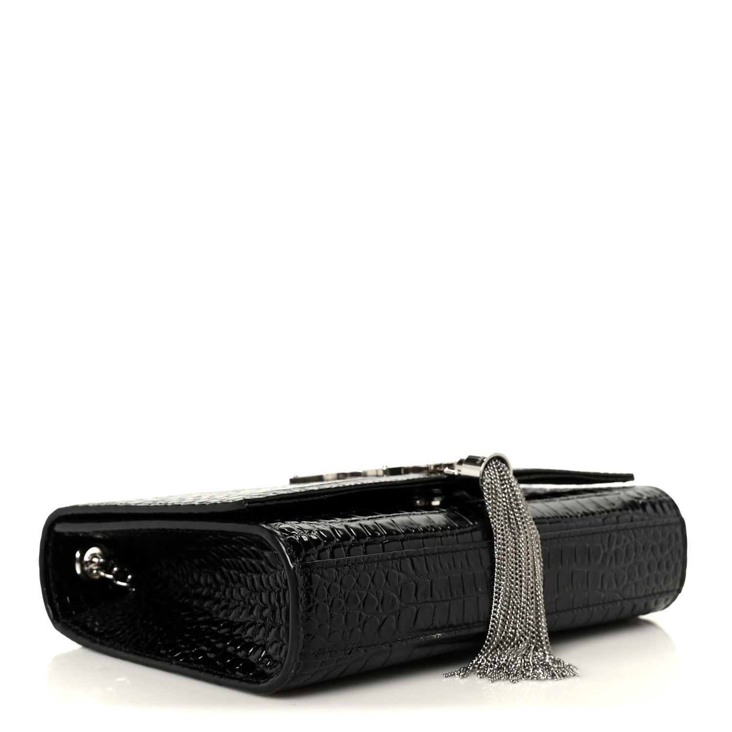 Calfskin Crocodile Embossed Small Classic Monogram Kate Tassel Satchel Black