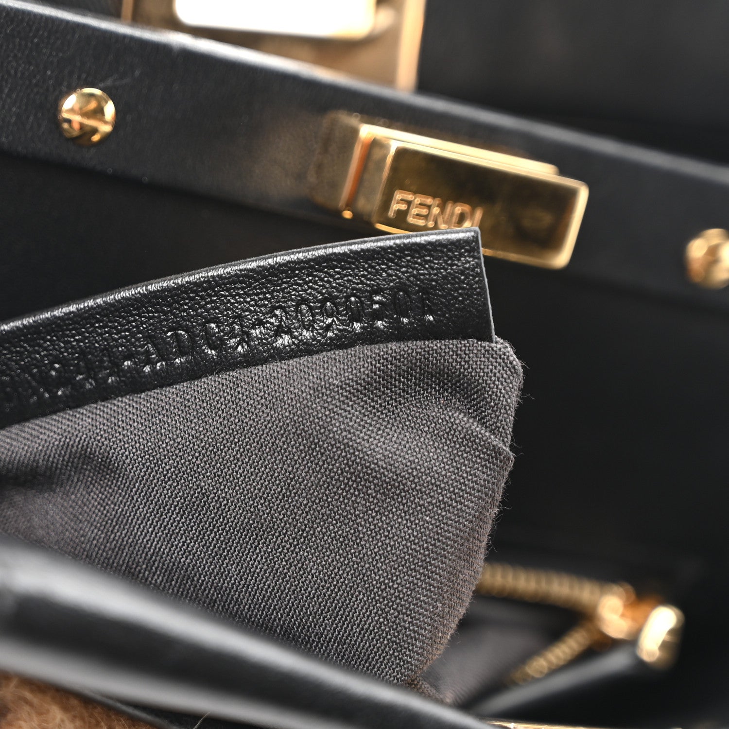 Shearling Nappa Macro FF 1974 Mini Peekaboo Iconic Satchel Tobacco Black