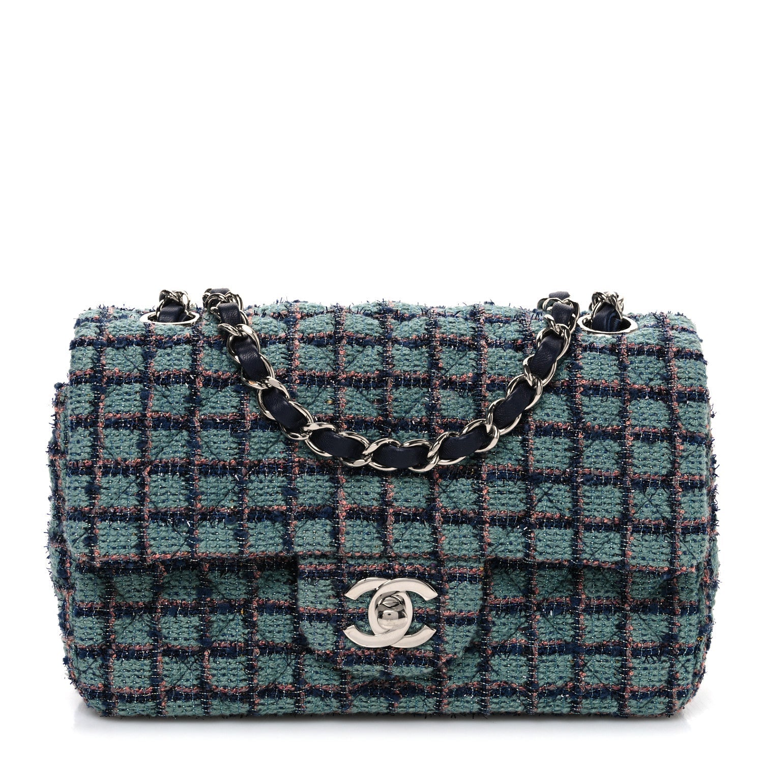 Tweed Quilted Mini Rectangular Flap Green Navy Dark Beige