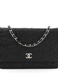 Lambskin Camellia Embossed Wallet On Chain WOC Black