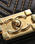Lambskin Chevron Chain Stitched Small Boy Flap Black
