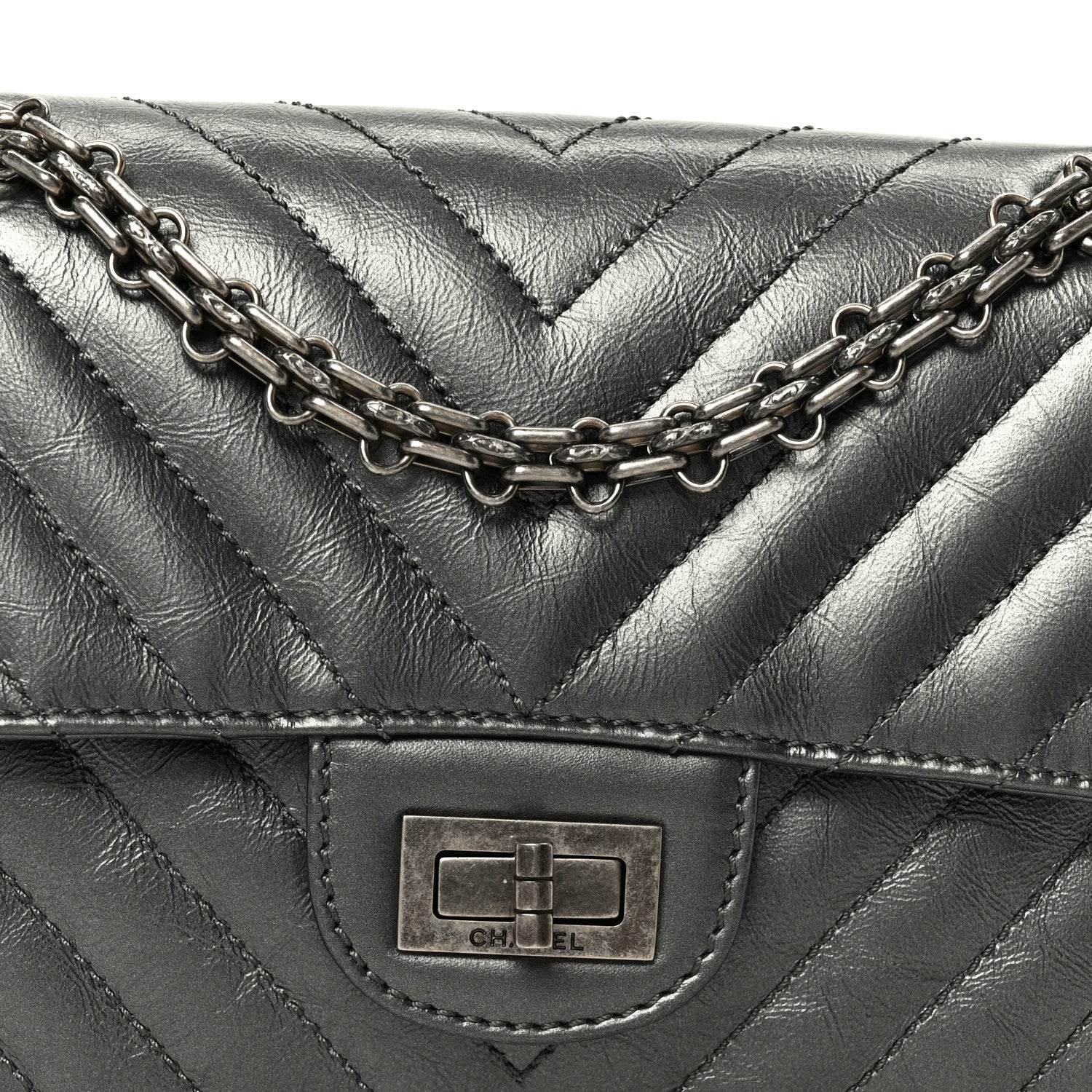 Metallic Aged Calfskin Chevron Quilted 2.55 Reissue Mini Flap Grey
