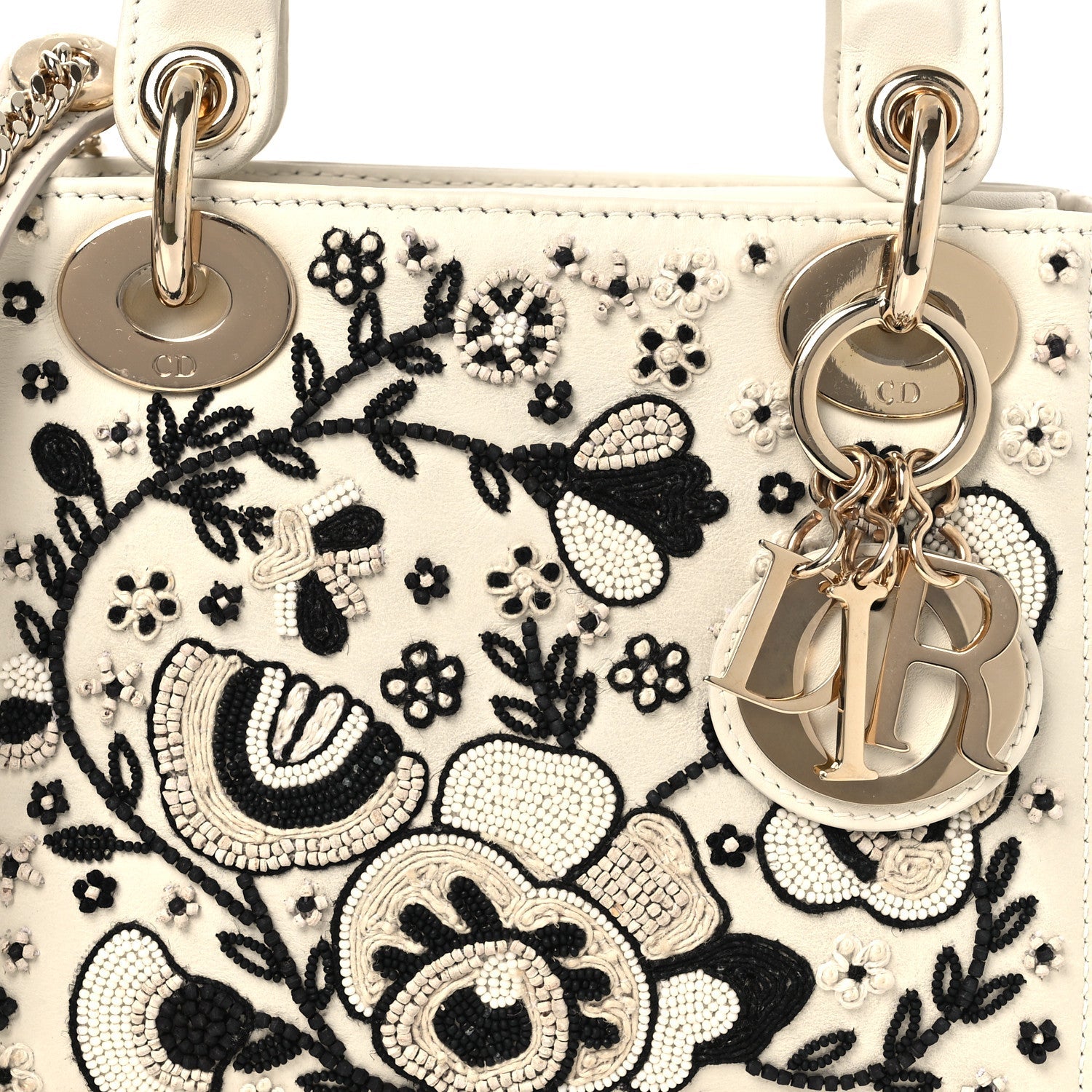 Smooth Calfskin Embroidered Beaded Floral Mini Lady D1OR White Multicolor