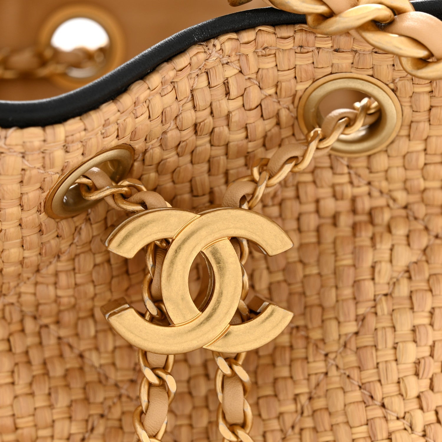 Braided Raffia Calfskin Quilted Mini CHNL 25 Handbag Beige Black