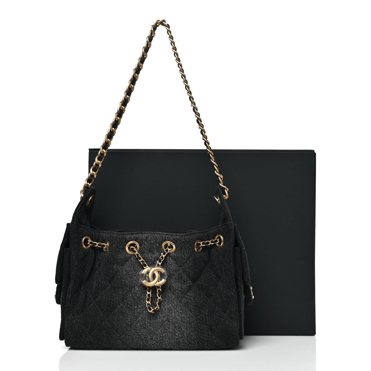 Washed Denim Quilted Mini CHNL 25 Handbag Black