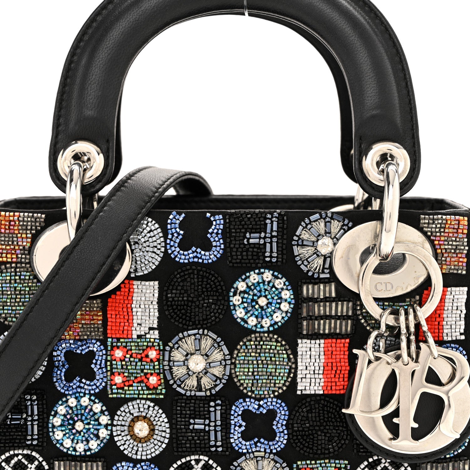 Satin Lambskin Embroidered Beaded Mini Lady D1OR Black Multicolor