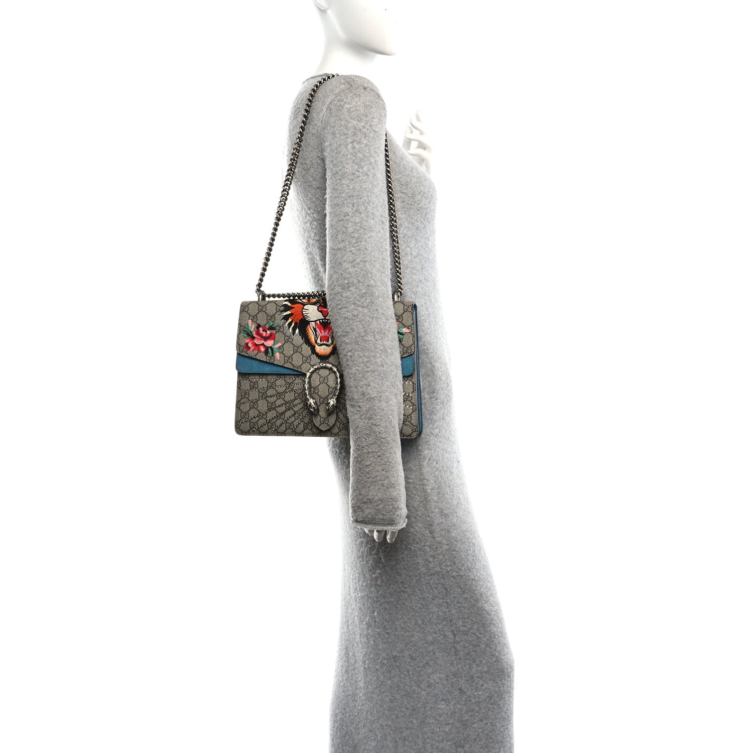 GG Supreme Monogram Angry Cat Embroidered Medium Dionysus Shoulder Bag Beige Ultramarine