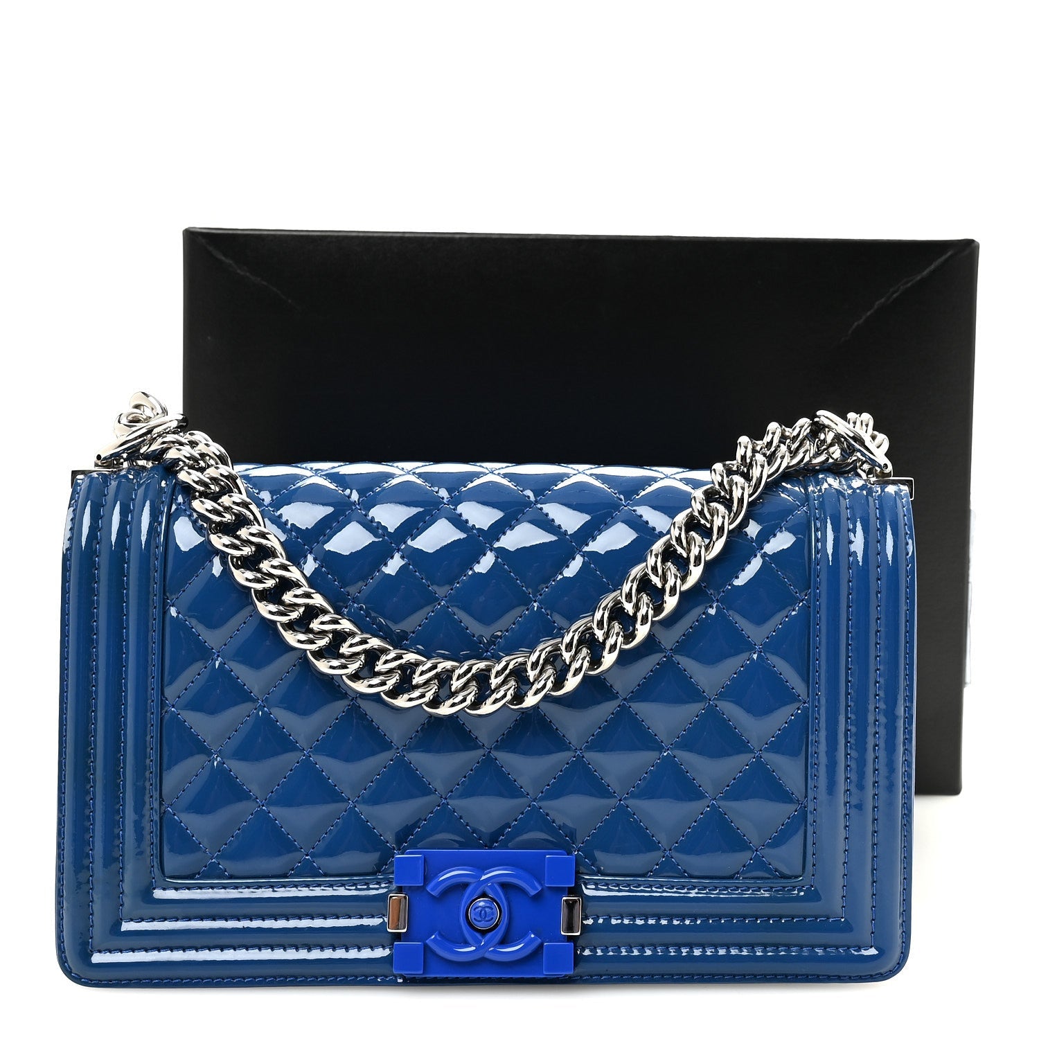 Patent Calfskin Quilted Medium Plexiglass Boy Flap Blue