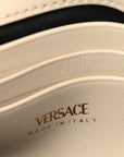 Satin Crystal Medusa Chain Clutch Beige