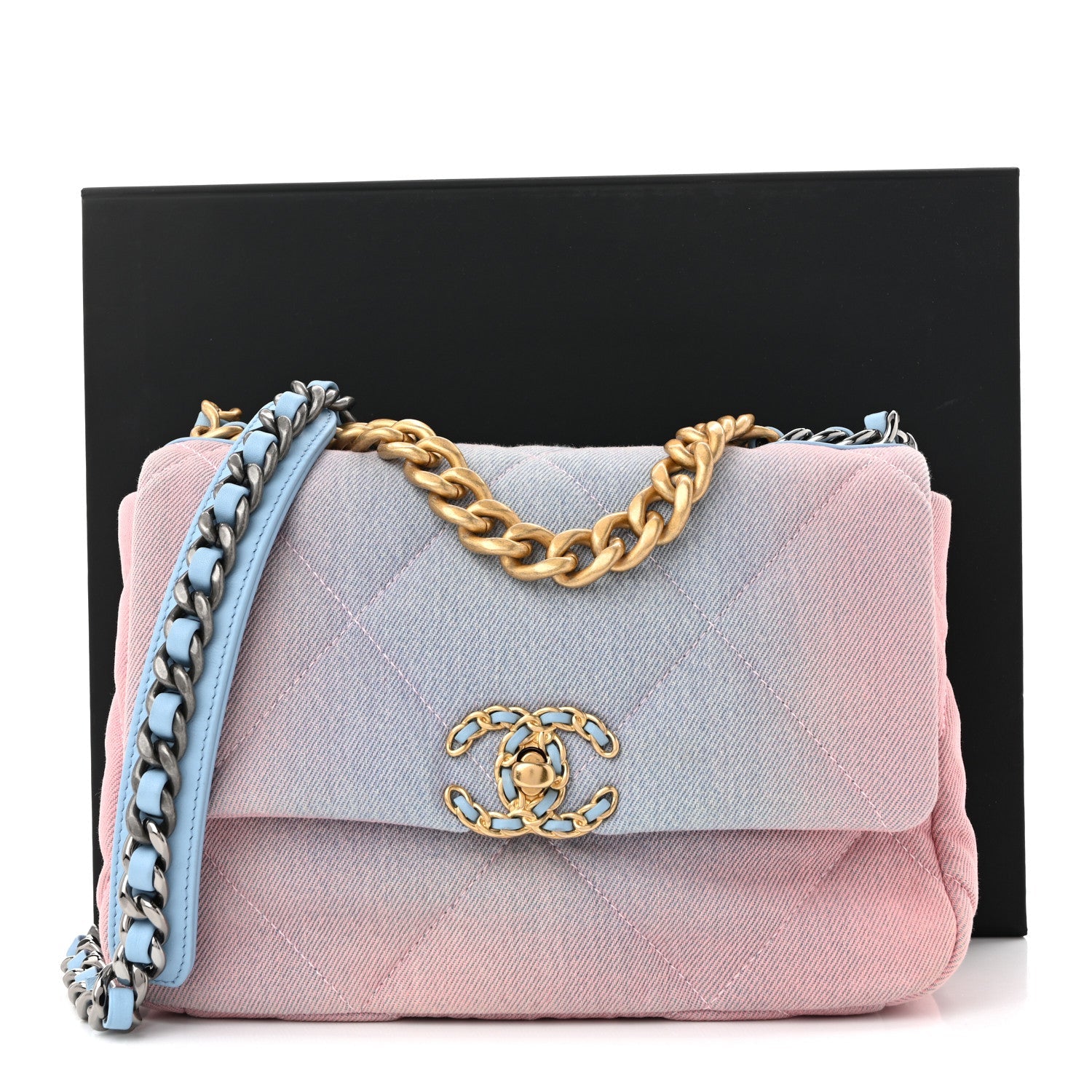 Denim Quilted Medium CHNL 19 Flap Blue Pink