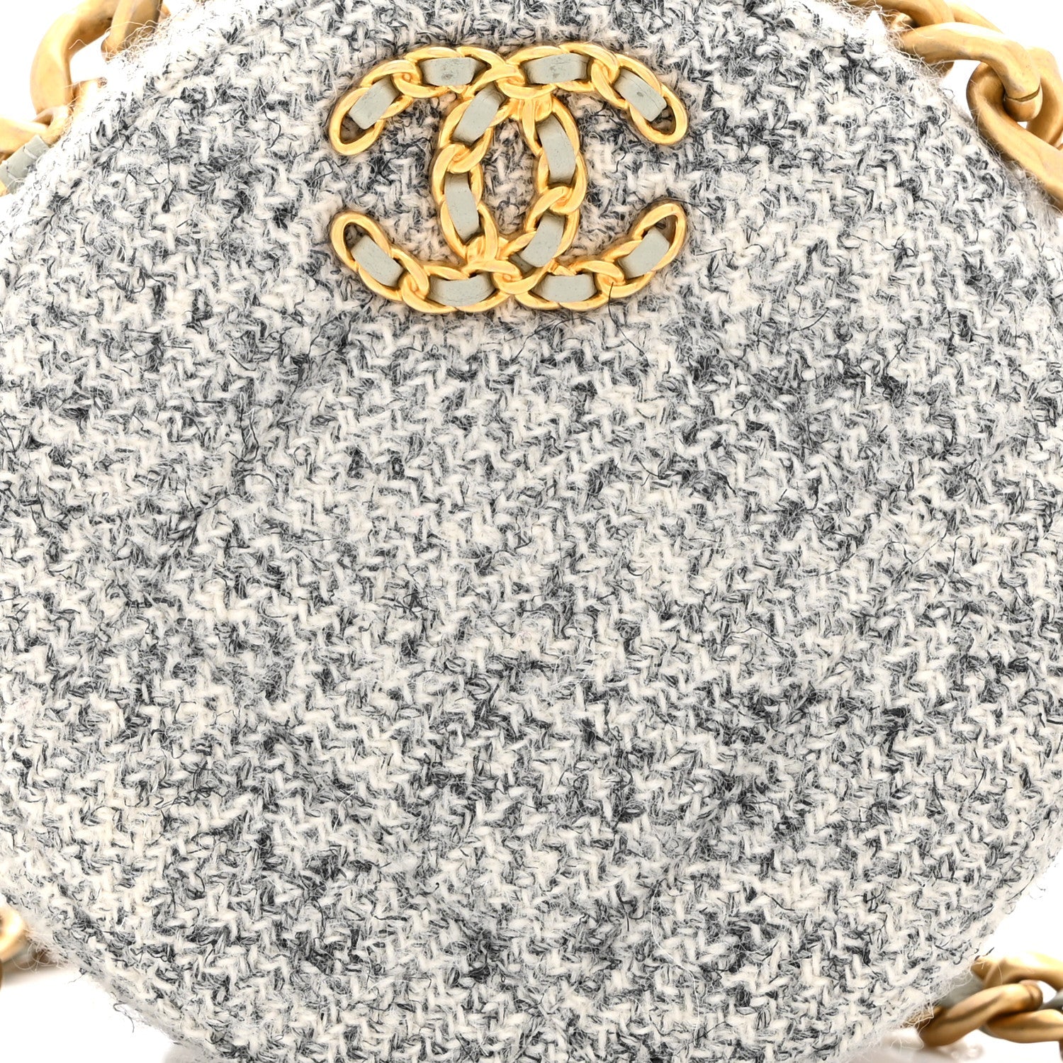 Wool Tweed Lambskin Quilted CHNL 19 Round Clutch With Chain Grey Ecru