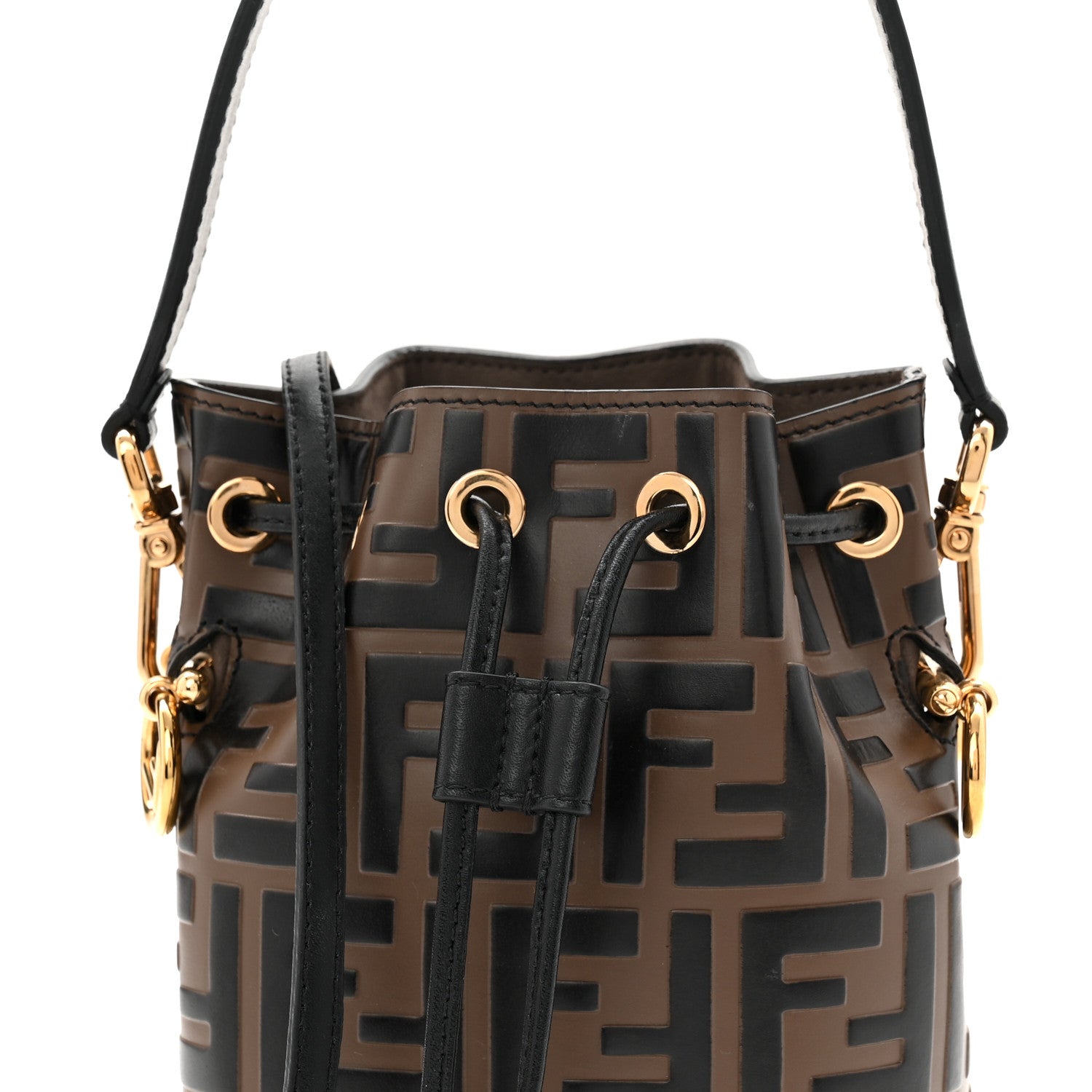 Vitello Liberty F is FNDI Bi-Color FF 1974 Embossed Mini Mon Tresor Bucket Bag Maya Black