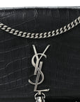 Calfskin Crocodile Embossed Medium Classic Monogram Kate Tassel Satchel Black