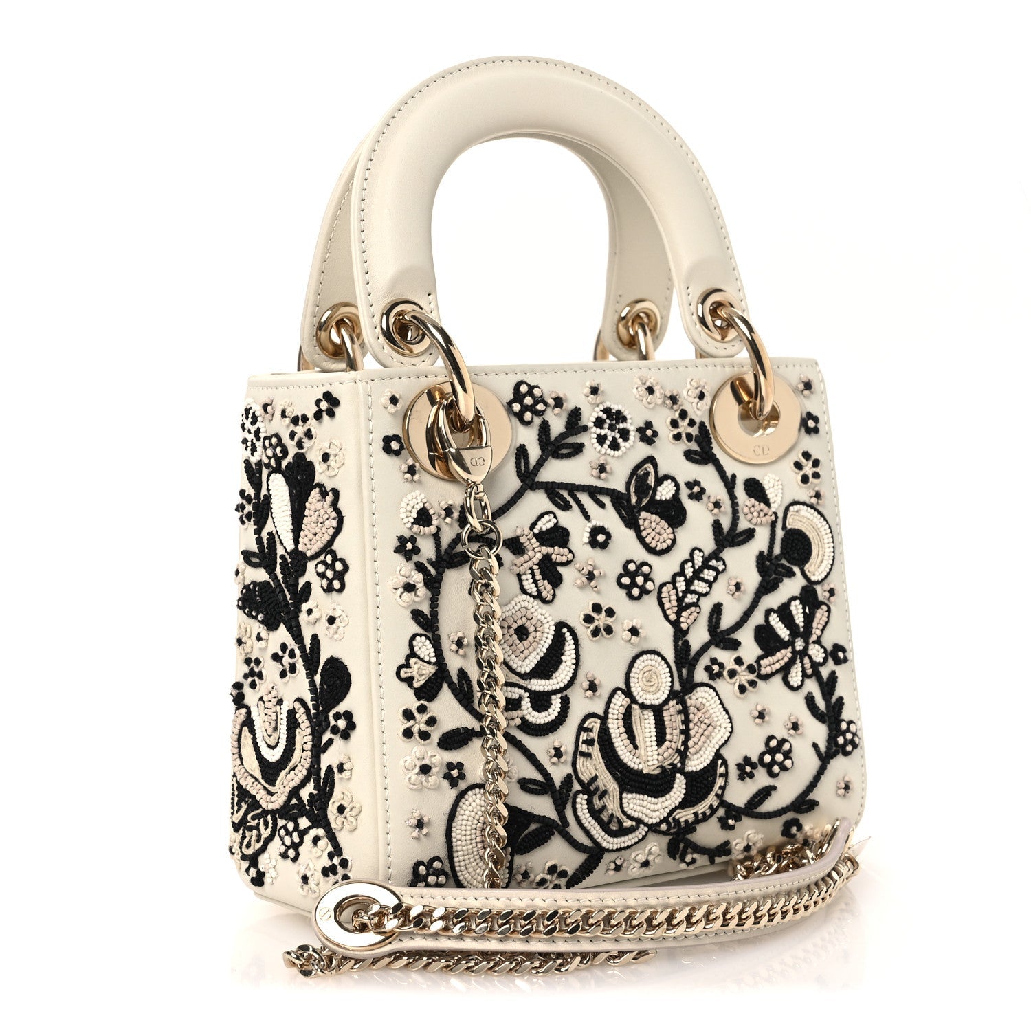 Smooth Calfskin Embroidered Beaded Floral Mini Lady D1OR White Multicolor