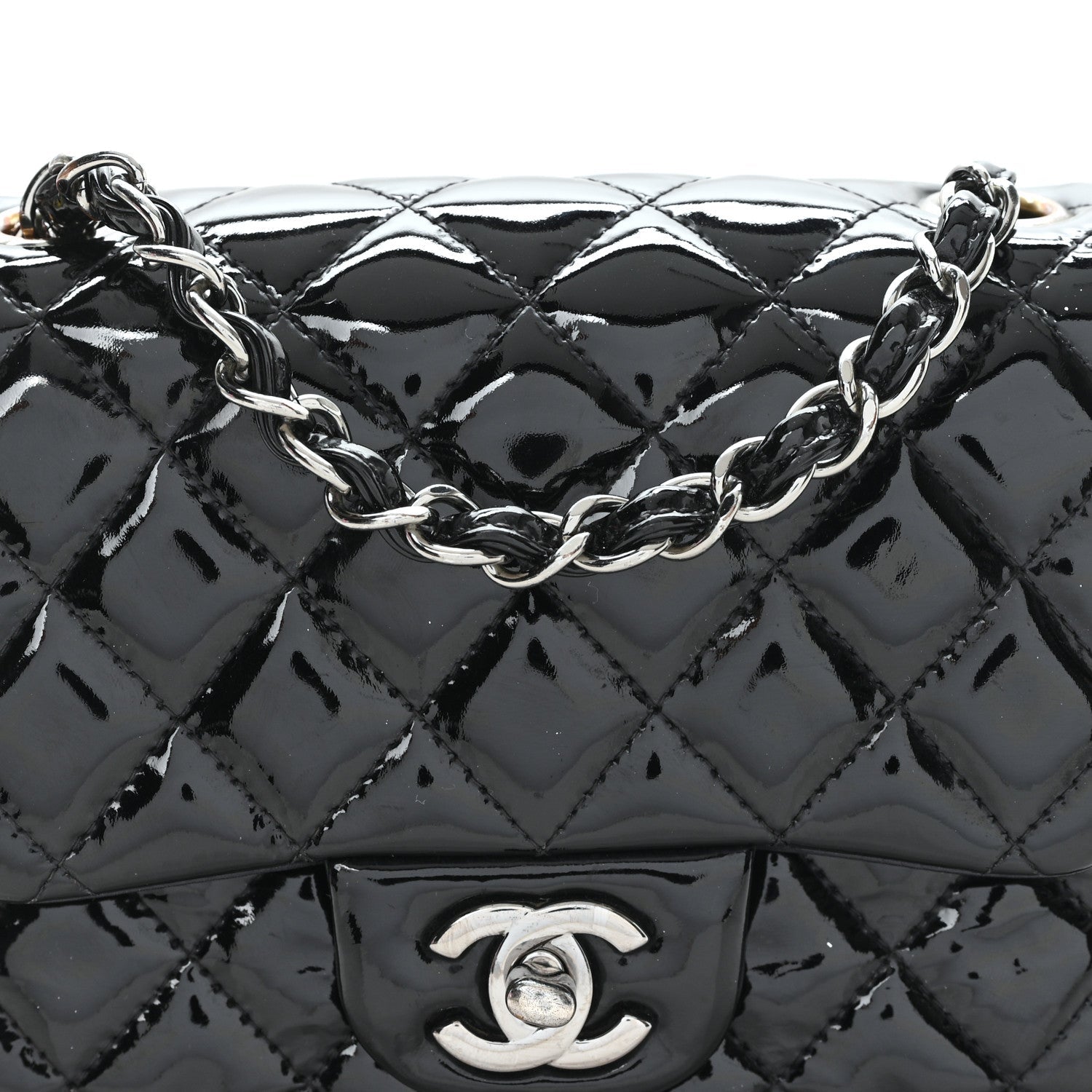 Patent Calfskin Quilted Mini Square Flap Black