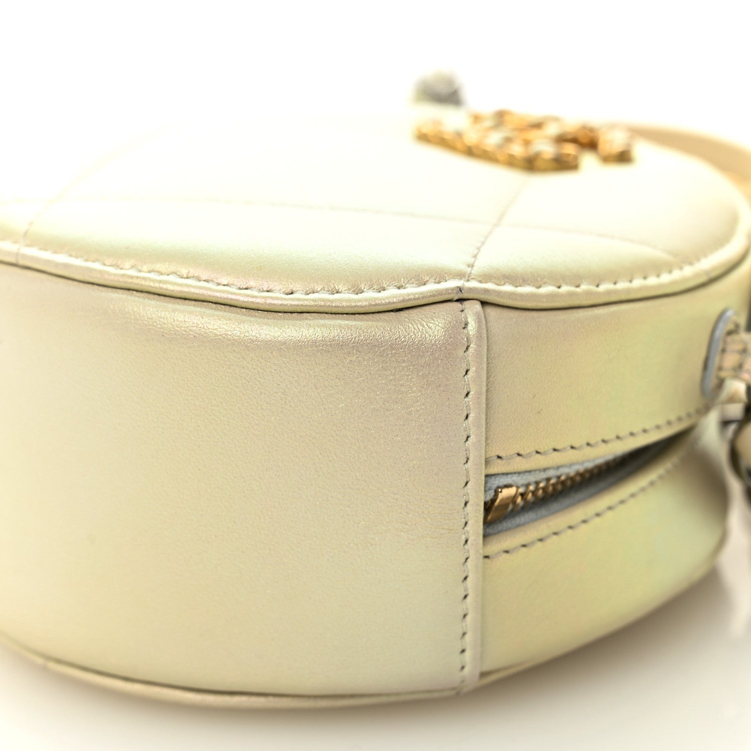 Iridescent Calfskin Quilted CHNL 19 Round Clutch With Chain White