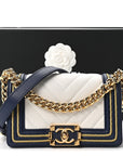 Calfskin Chevron Quilted Braided Small Boy Flap White Navy