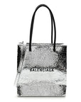 Crackled Mirror Calfskin Logo North South Shopper Tote XXS Silver