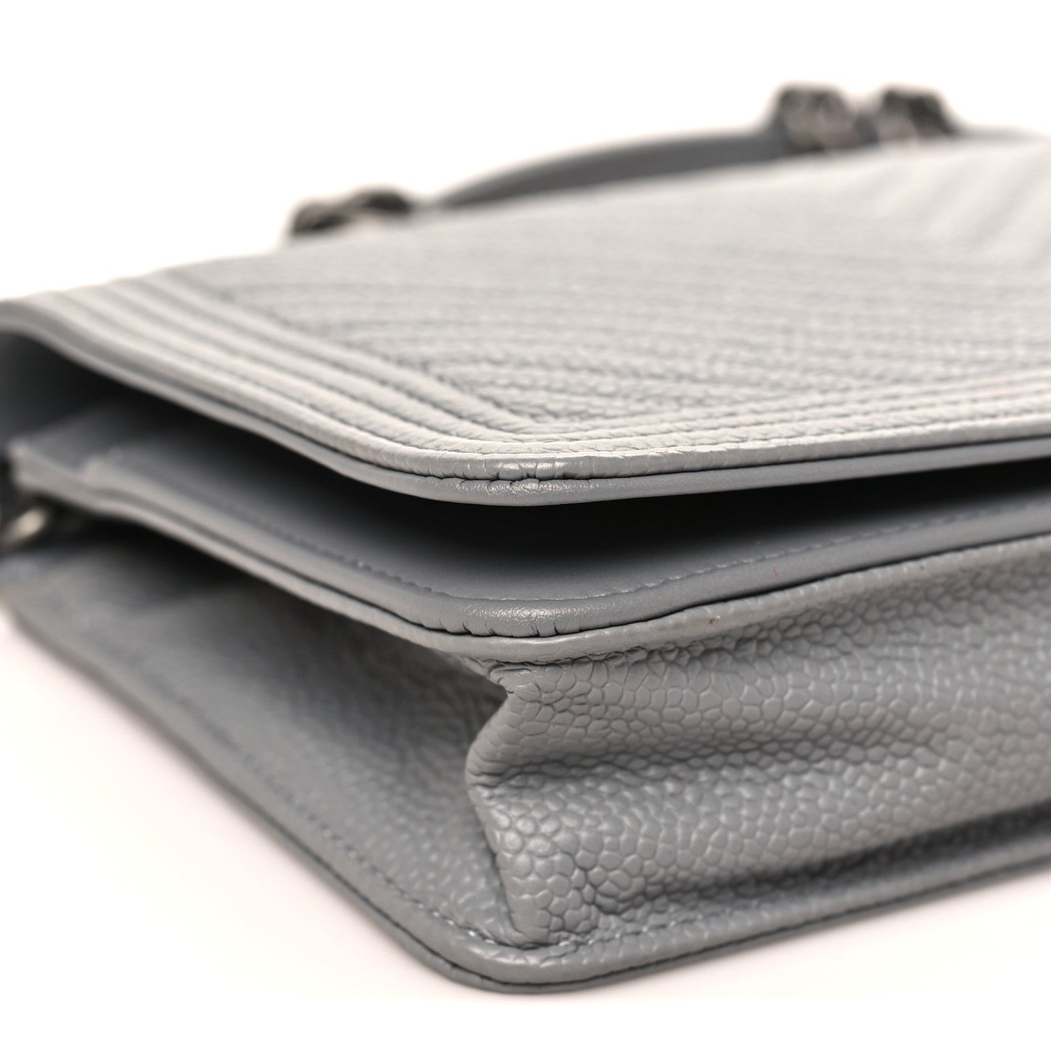 Caviar Chevron Quilted Boy Wallet On Chain WOC Grey