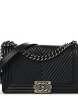 Calfskin Chevron Quilted Medium Chain Boy Flap Black