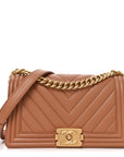 Caviar Chevron Quilted Medium Boy Flap Brown