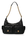 Shiny Lambskin Quilted Trendy Pockets Hobo Black