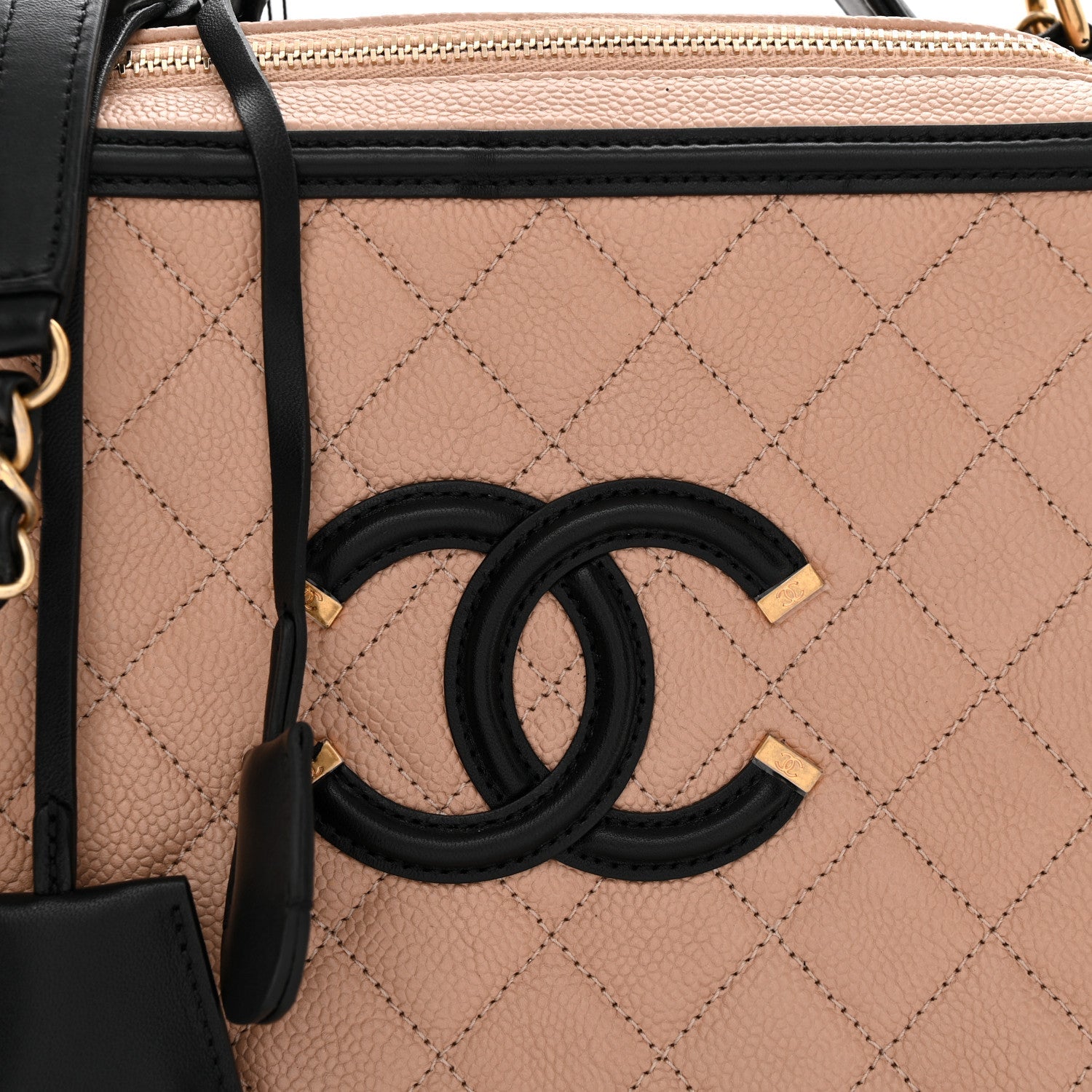 Caviar Quilted Large CC Filigree Vanity Case Beige Black