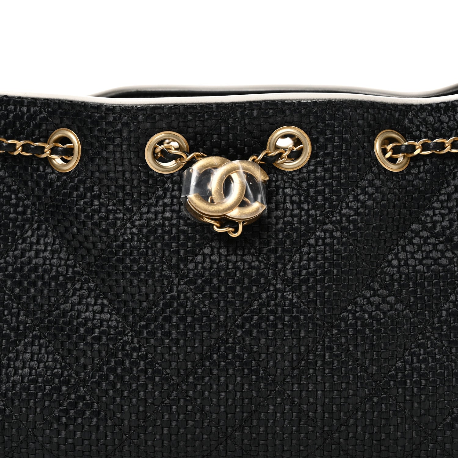 Braided Raffia Calfskin Quilted Mini CHNL 25 Handbag Black White