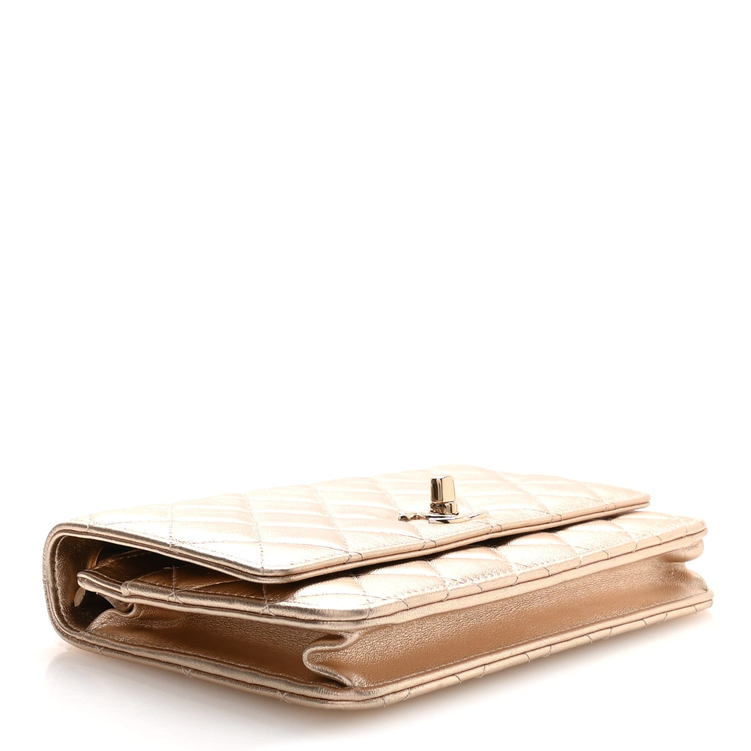 Metallic Lambskin Quilted Trendy CC Wallet On Chain WOC Gold