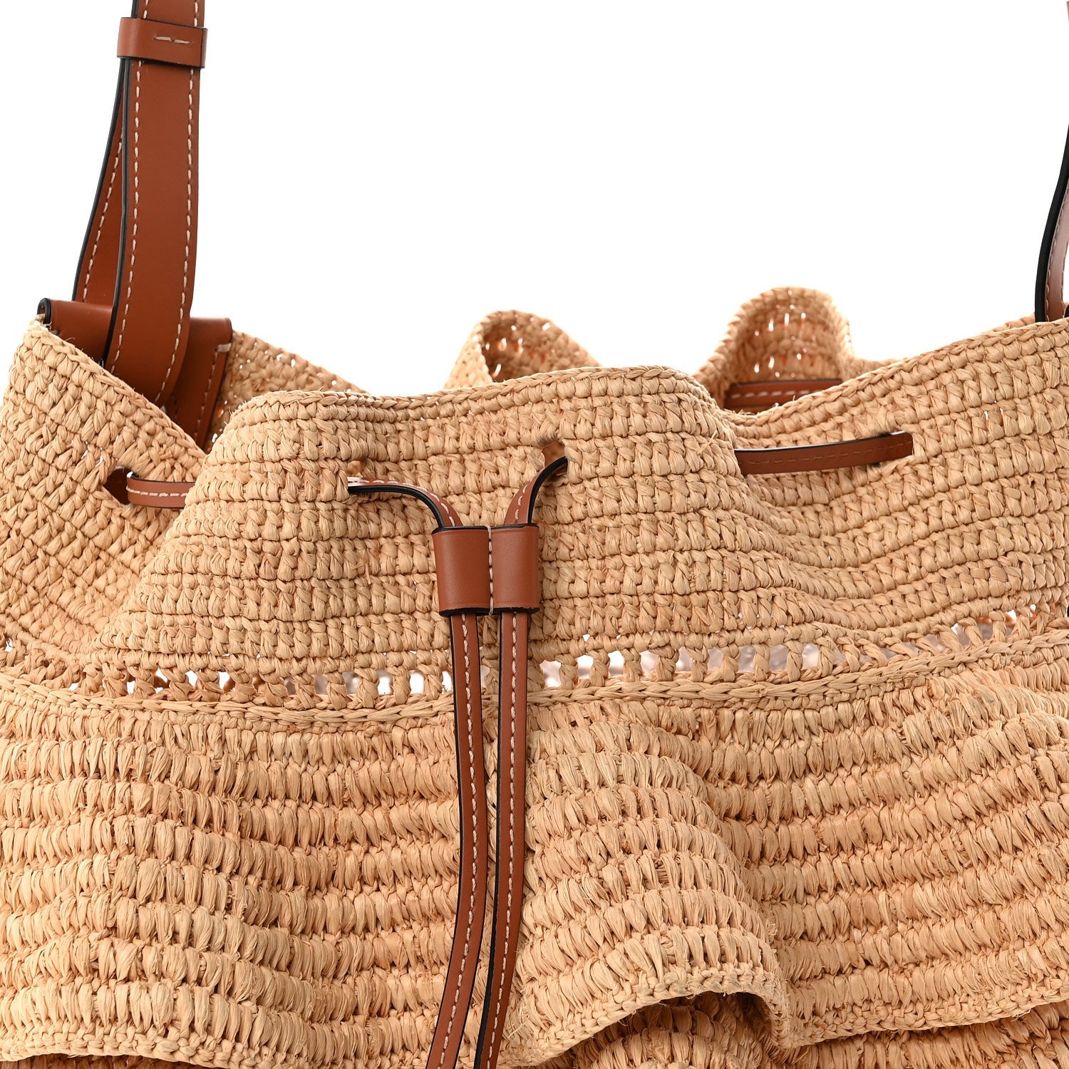 Raffia Calfskin Paulas Ibiza Balloon Ruffle Basket Tote Bag Natural Tan