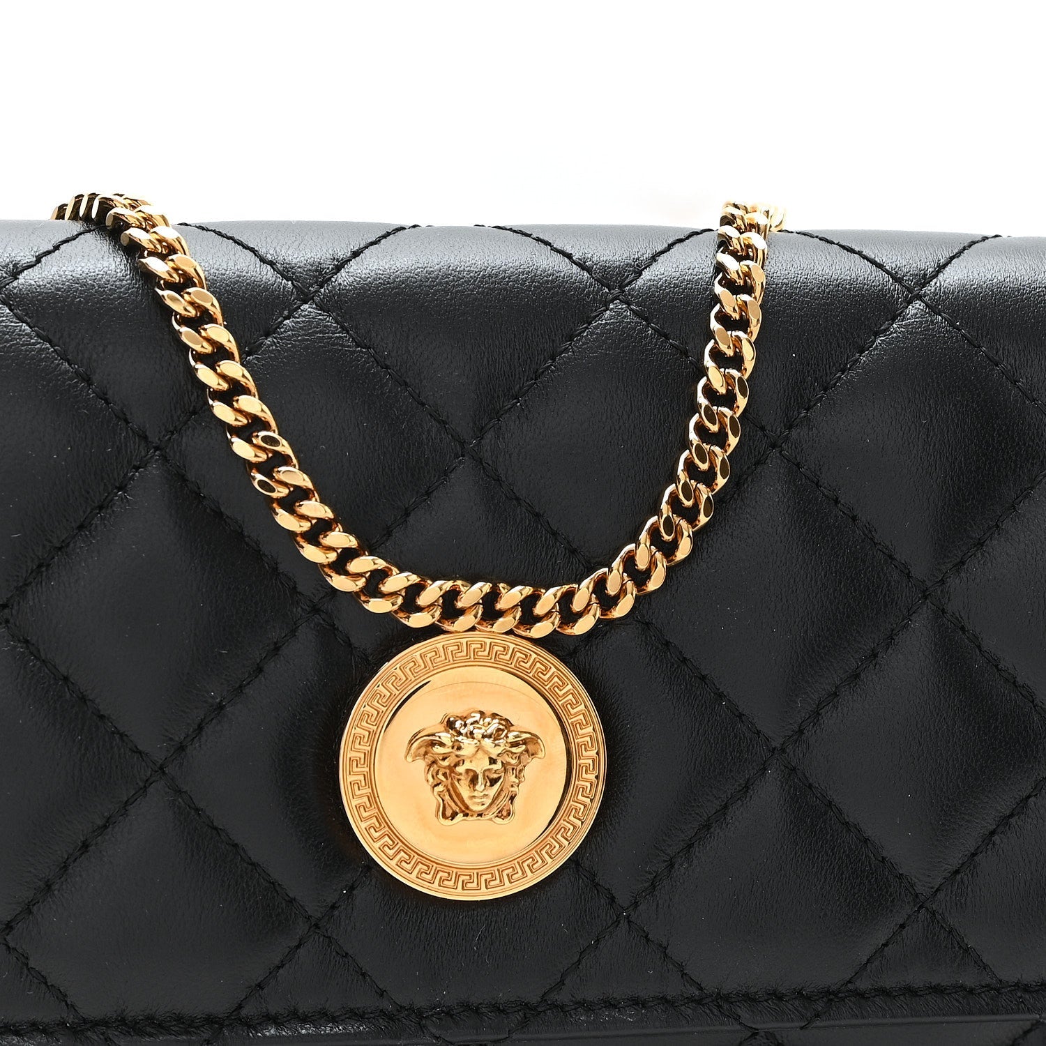 Lambskin Quilted Medusa Wallet On Chain Crossbody Black