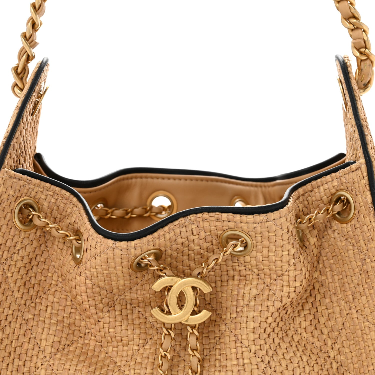Braided Raffia Calfskin Quilted Mini CHNL 25 Handbag Beige Black