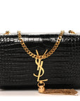 Calfskin Crocodile Embossed Small Classic Monogram Kate Tassel Satchel Black