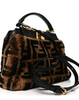 Shearling Nappa Macro FF 1974 Mini Peekaboo Iconic Satchel Tobacco Black