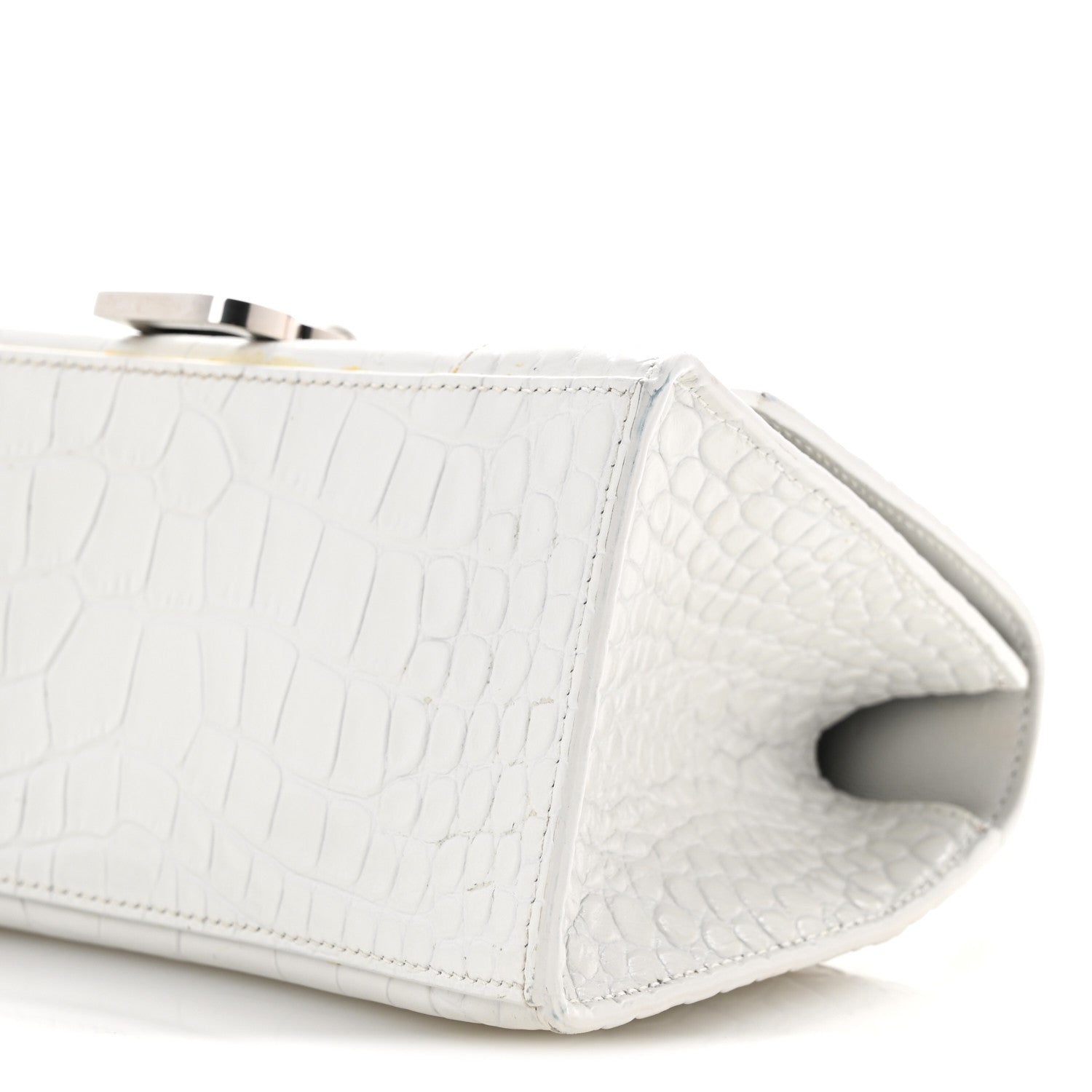Calfskin Crocodile Embossed Small Hourglass Top Handle Bag White