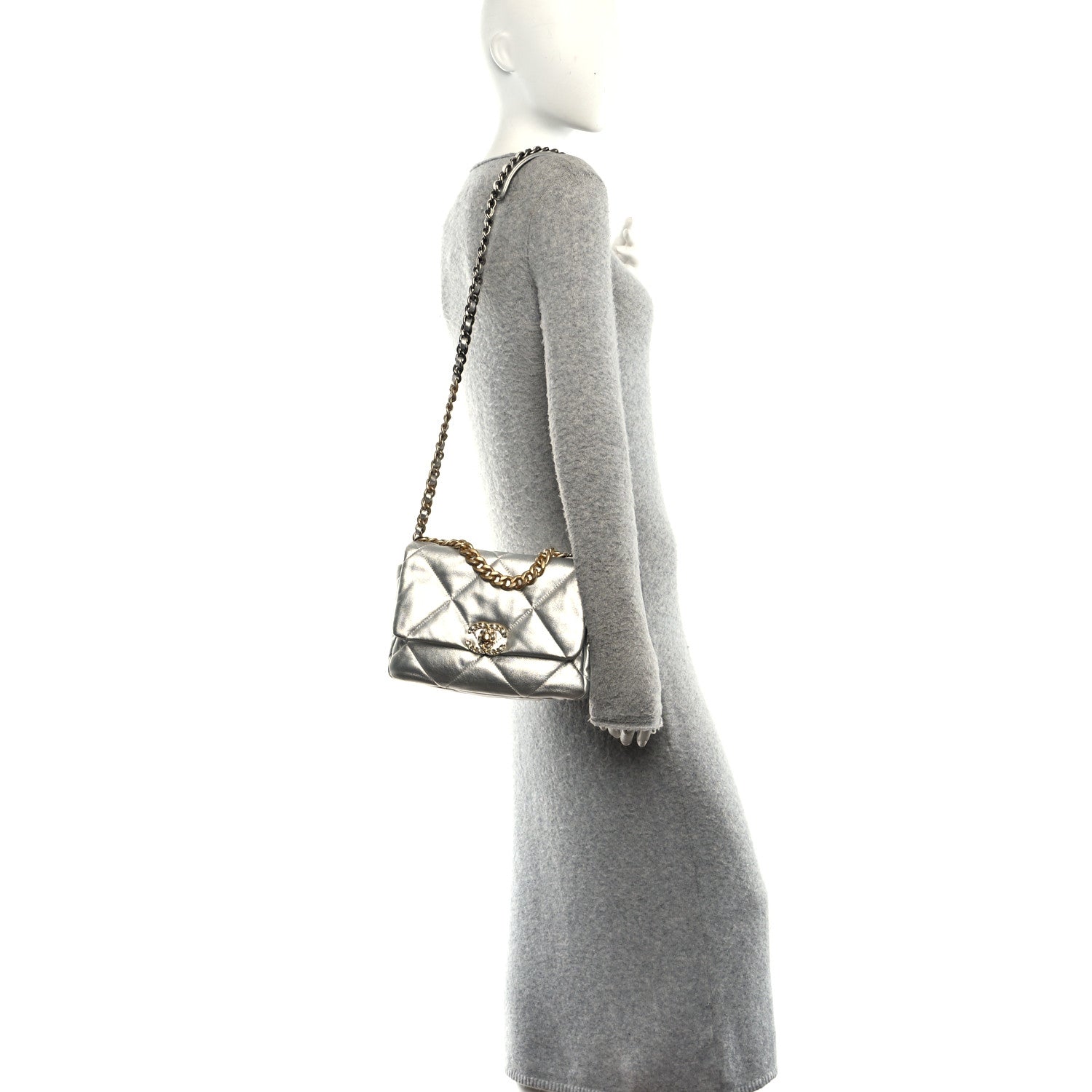 Metallic Lambskin Quilted Medium CHNL 19 Flap Silver
