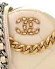 Iridescent Calfskin Quilted CHNL 19 Round Clutch With Chain White