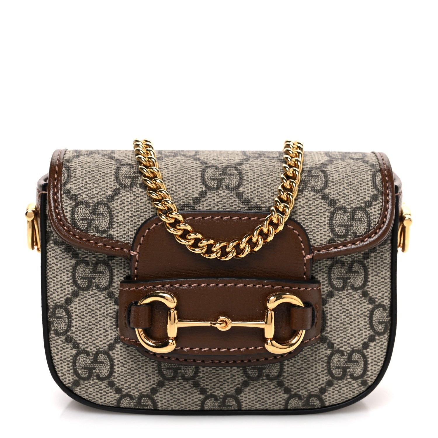 GG Supreme Monogram Azalea Calfskin Web Horsebit 1955 Wallet On Strap Beige Ebony Brown Sugar