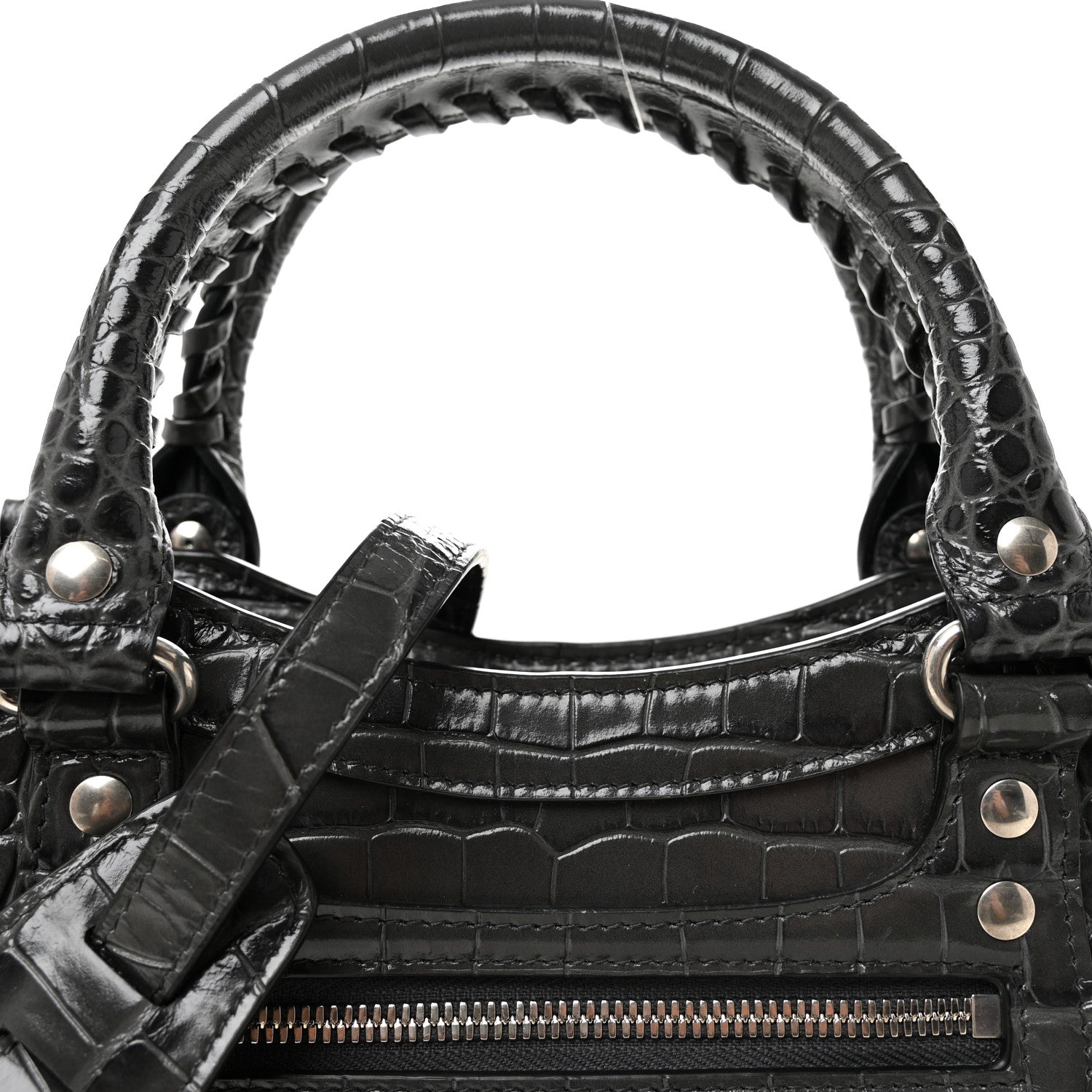 Shiny Supple Calfskin Crocodile Embossed Neo Classic Silver Hardware S City Dark Grey